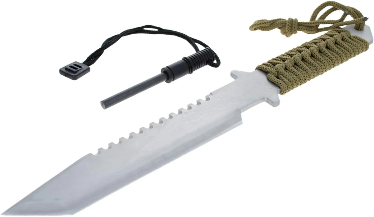 11" Hunting Knife with Fire Starter & Whistle, Green Sheath with Belt Loop
