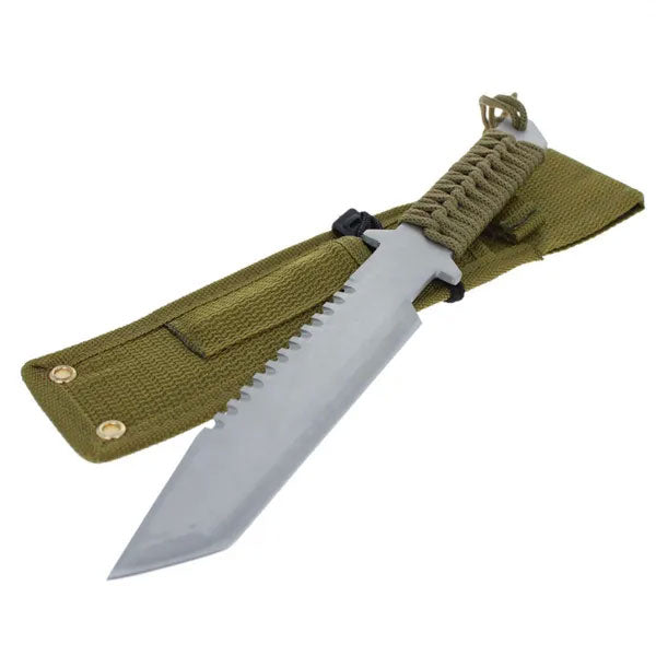 11" Hunting Knife with Fire Starter & Whistle, Green Sheath with Belt Loop