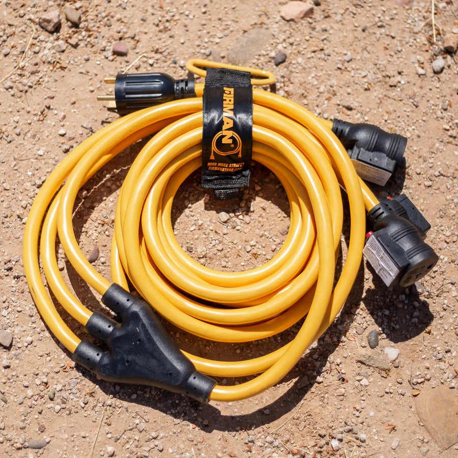 25' HEAVY DUTY TT-30P TO (3)5-20R PORTABLE GENERATOR POWER CORD WITH STORAGE STRAP (1101)