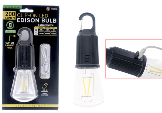 200 Lumen Clip-On White LED Rechargeable Edison Bulb, 3 Stage Switch, USB-C Charging Cable Included