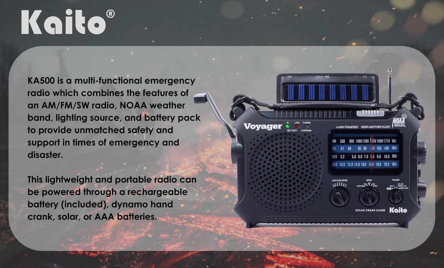 Kaito KA500 Voyager Solar/Crank Emergency Radio – Black