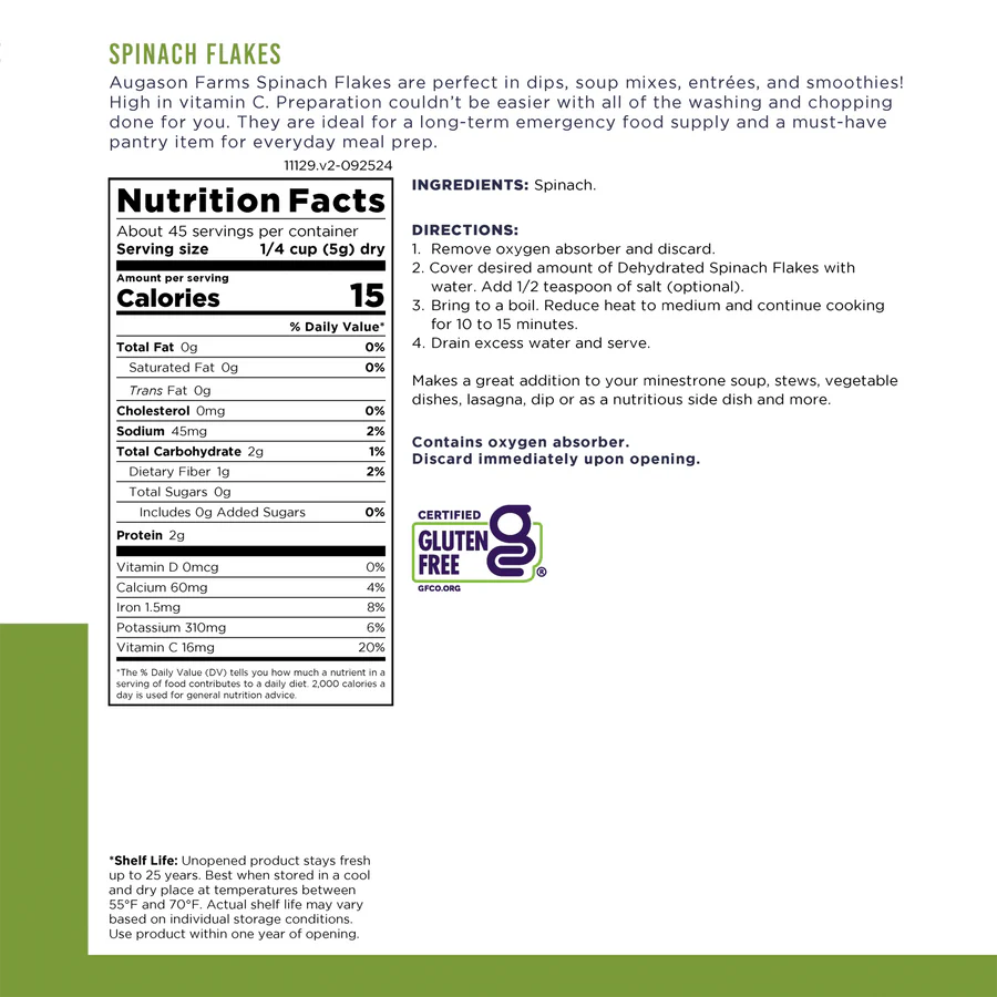 Augason Farms Dehydrated Spinach Flakes – #10 Can
