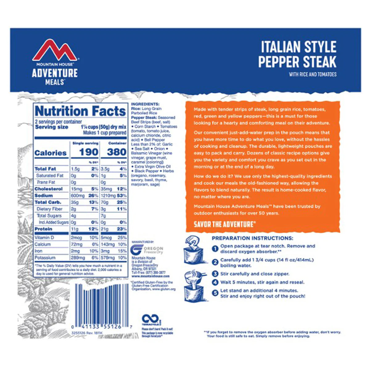 Italian-Style Pepper Steak with Rice – Freeze-Dried Meal (Pouch) | Mountain House