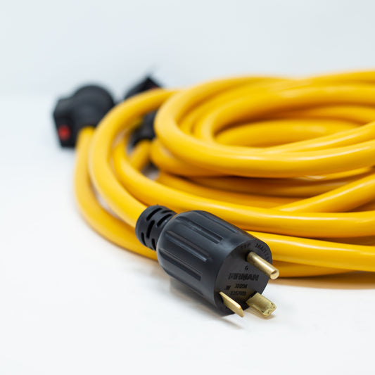25' HEAVY DUTY TT-30P TO (3)5-20R PORTABLE GENERATOR POWER CORD WITH STORAGE STRAP (1101)