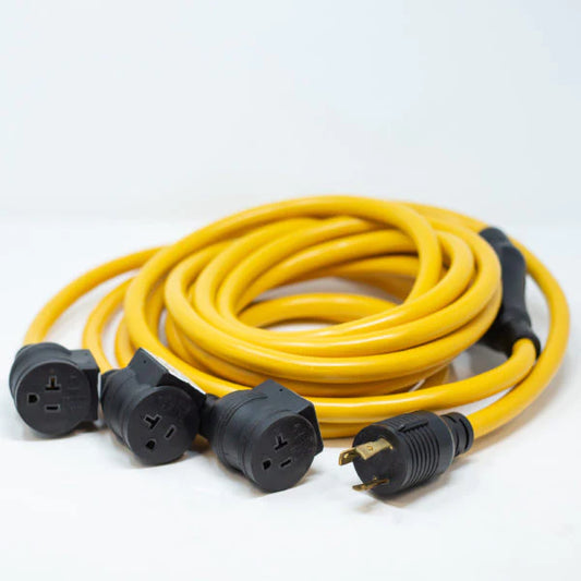 25' HEAVY DUTY L5-30P TO (3) 5-20R POWER CORD WITH STORAGE STRAP (1105)